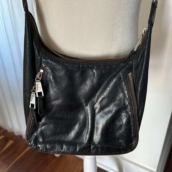 HOBO BLACK LEATHER VINTAGE CROSSBODY BROWN CANVAS STRAP